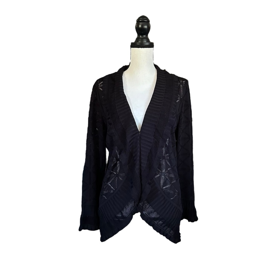 SALE Misook Black Geometric Open Knit Ruffle Trim Cardigan Goth Dark Romantic M